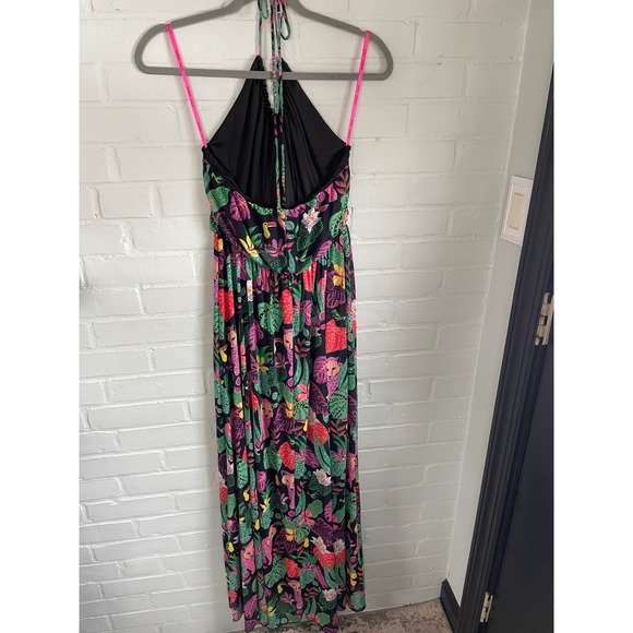 Betsey Johnson Tropical Jungle Leopard Toucan Halter Maxi Dress Black Pink Med - Picture 3 of 8